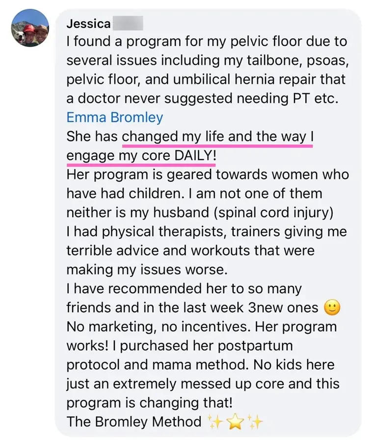 Comment from Jessica: she has changed my life and the way I engage my core daily