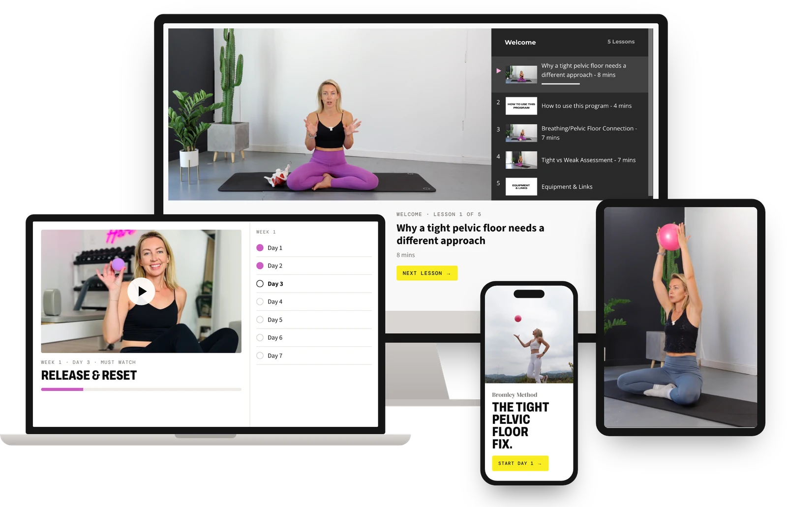 The Tight Pelvic Floor Fix course on a desktop, laptop, tablet and phone